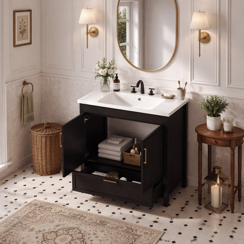 Freestanding Standard Single Vanity Bathroom Vanity With Resin Top, Black, Matte Black, Black