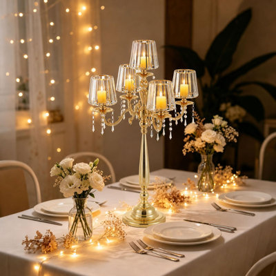 Centre de table candélabre en cristal doré à 5 bras avec abat-jour en verre pour cadeau de fête de mariage