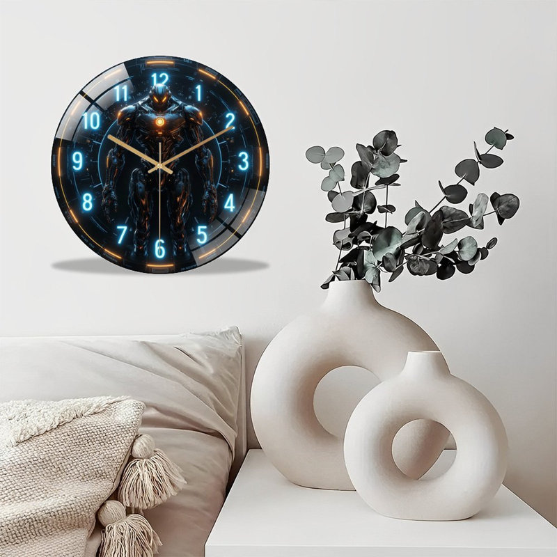 Horloge murale silencieuse en verre trempé de 30 cm, motif « Robot futuriste », sans tic-tac, fonctionne avec des piles AA (non incluses), décoration artistique pour la maison