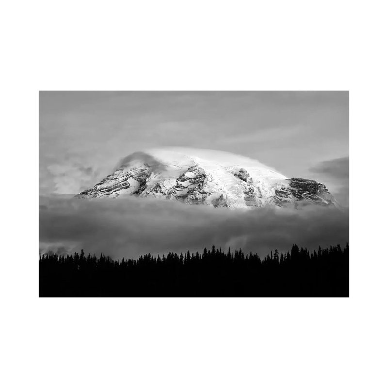 Washington, Mt. Rainier NP. Black And White Of Clouds On Mt Rainier And Forest Silhouette by Jaynes Gallery - Wrapped Canvas Print