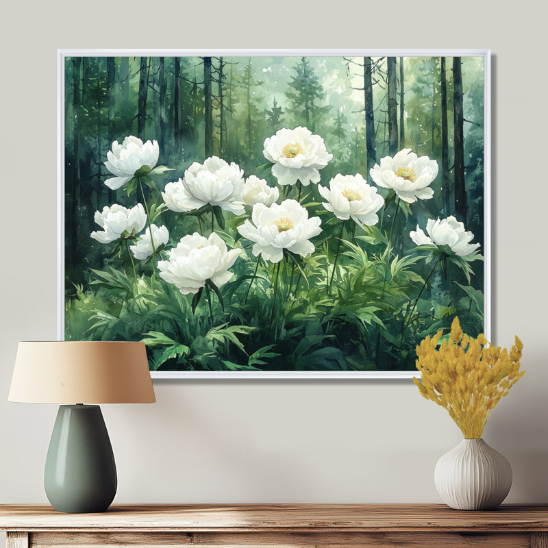 Giosue, pivoines d'été dans les pentes forestières I - pivoines, art mural, H 30 po x l 40 po, Impression encadrée flottante