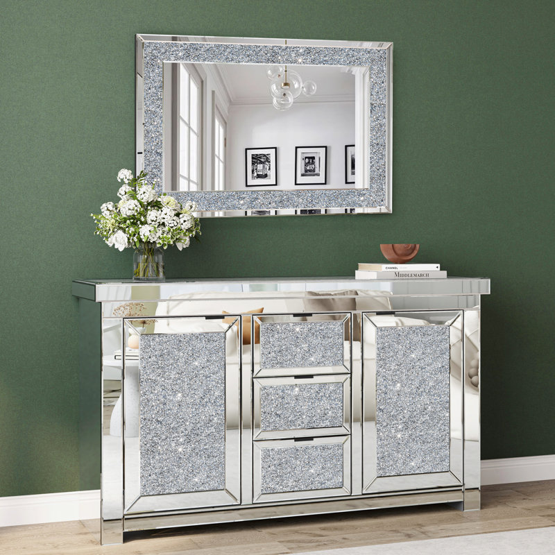 57" Wide 3 Drawer Mirrored Glass Sideboard And Glam Crystal Accent Wall Mirror