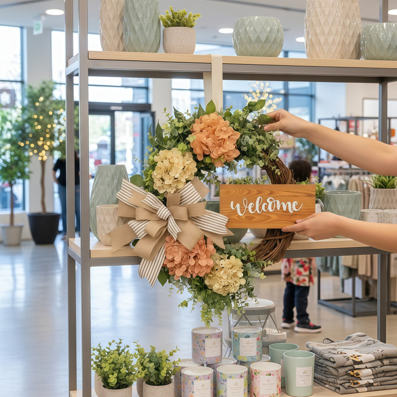 Couronne d'hortensia printanière de 17,7 pouces avec signe «Welcome» et décoration de nœud, convient à la porte d'entrée, au mur, au foyer, à la table de salle à manger, aux fêtes de mariage et à une utilisation intérieure / extérieure
