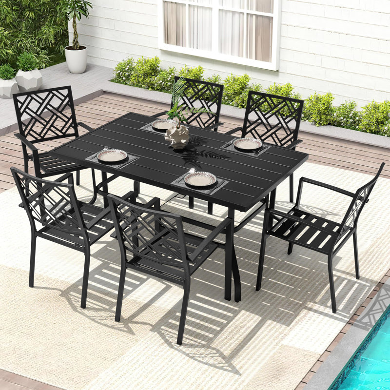 7-piece Metal Patio Dining Set With Umbrella Hole And Stackable Chairs, 28.9" H x 37" W x 60.6" D, 7 Pieces: Table, 6 Chairs