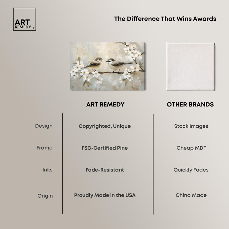 Delicate Birds Beige and White Wrapped Canvas Art