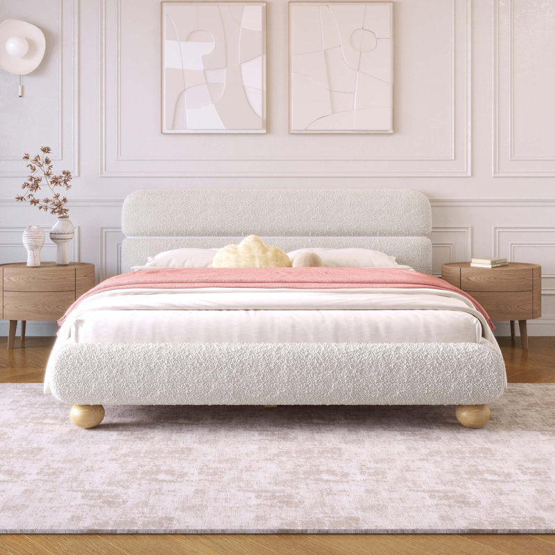 Halden Contemporary Upholstered Bed in Faux Teddy Fleece with Curve Headboard and Solid Round Legs