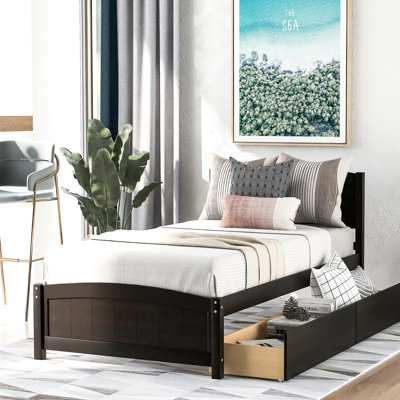 Gray Twin Size Bed With Two Drawer Compartments - Solid Wood For A Comfortable Sleep Functional Cabinets Stylish Bedroom