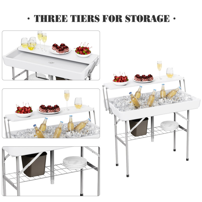 Table pliante extérieure avec refroidisseur de glace avec drain, tables de glace à deux niveaux avec jupe amovible et tablette de rangement supplémentaire, utilisation intérieure extérieure pour événements, fêtes, mariage, camping, barbecue, blanc