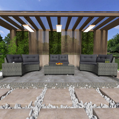 8-Pieces Outdoor Wicker Round Sofa Set, Half-Moon Sectional Sets All Weather, Curved Sofa Set With Rectangular Coffee Table
