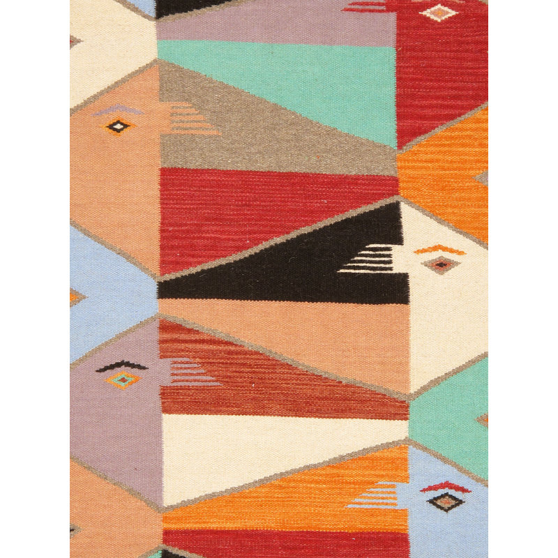 Tuscany Geometric Handmade Flatweave Rectangle 2'1" x 3'1" Wool Area Rug in Brown/Blue/Black, Rectangle 4" x 6'3"