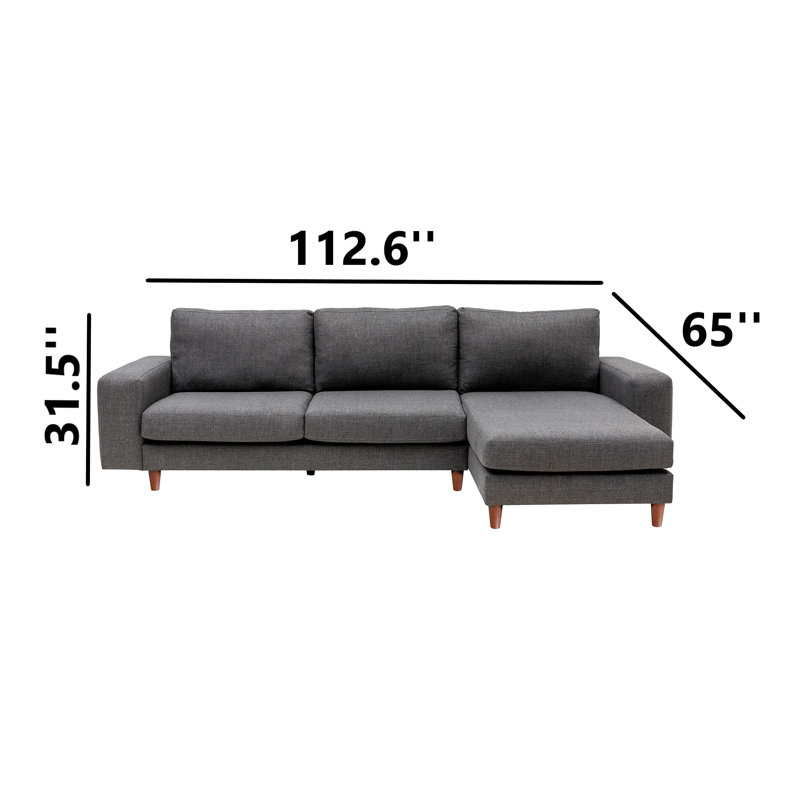 Upholstered L-Shaped Sectional, Gray, Right Hand Facing