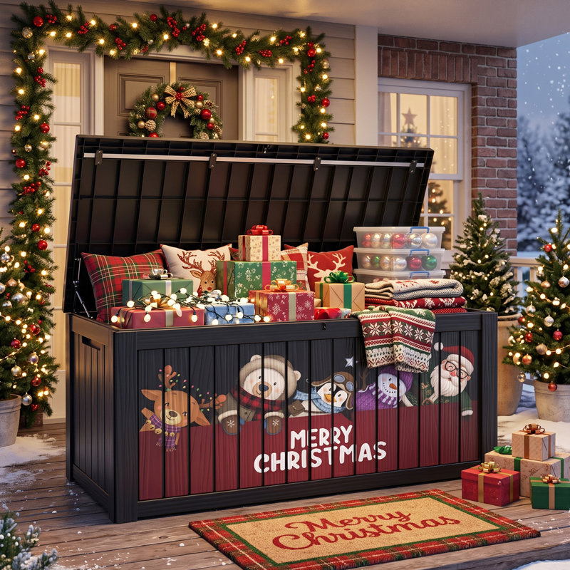 Boîte de rangement 150 gallons en résine noire avec panneaux décoratifs imprimés