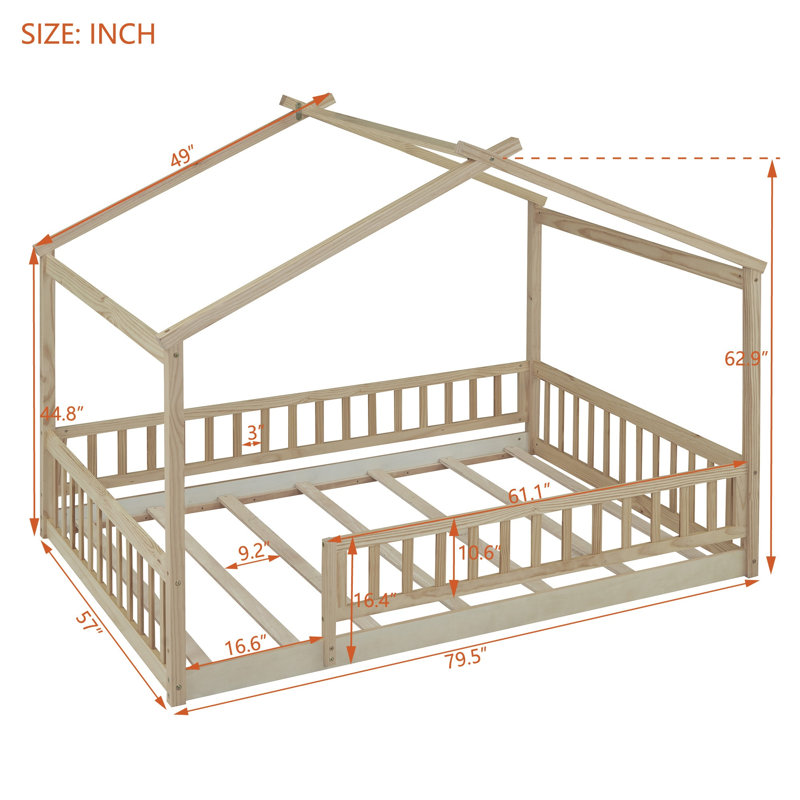 Structure de lit en bois pleine grandeur avec clôture, lit pour enfants, adolescents, naturel, Lit double, Naturel