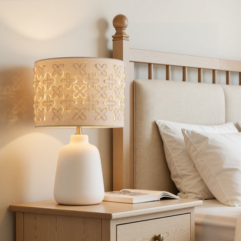 17.25’’ Ceramic Table Lamp with Floral Cutout Shade, White, Beige