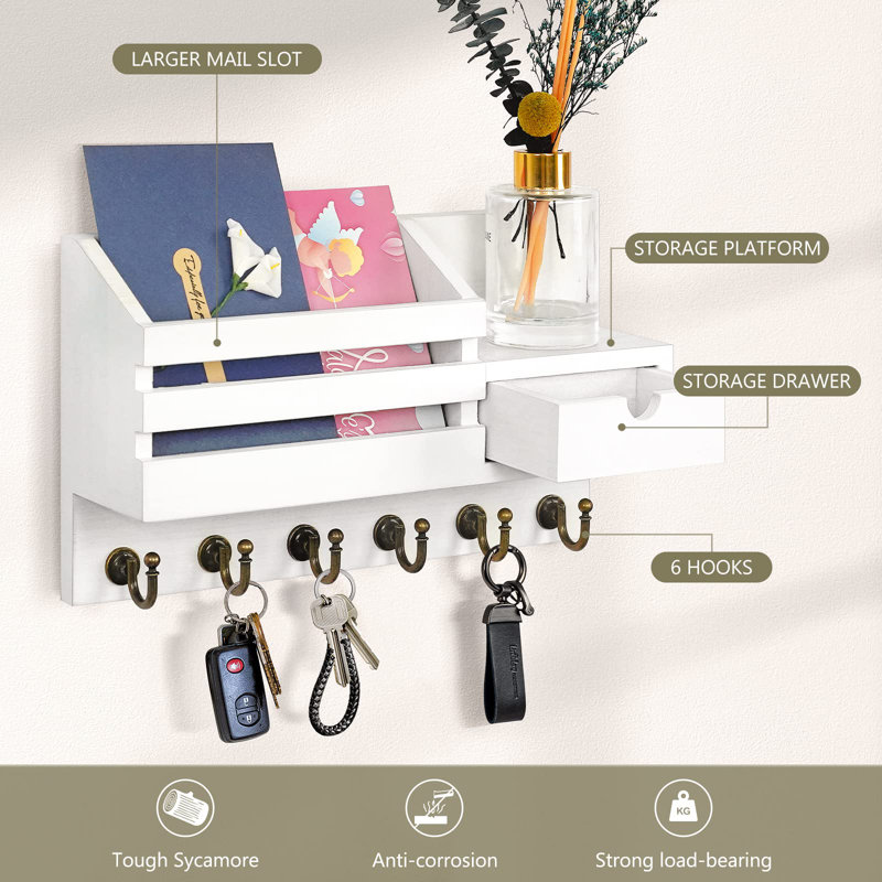 White Wooden Wall-Mounted Key and Mail Organizer with Drawer