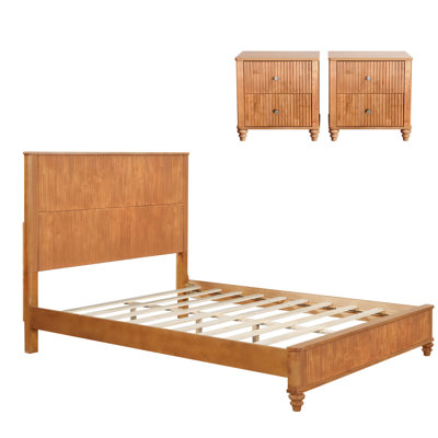 3-Piece Bedroom Set With Solid Wood Bed And 2 Storage Nightstands