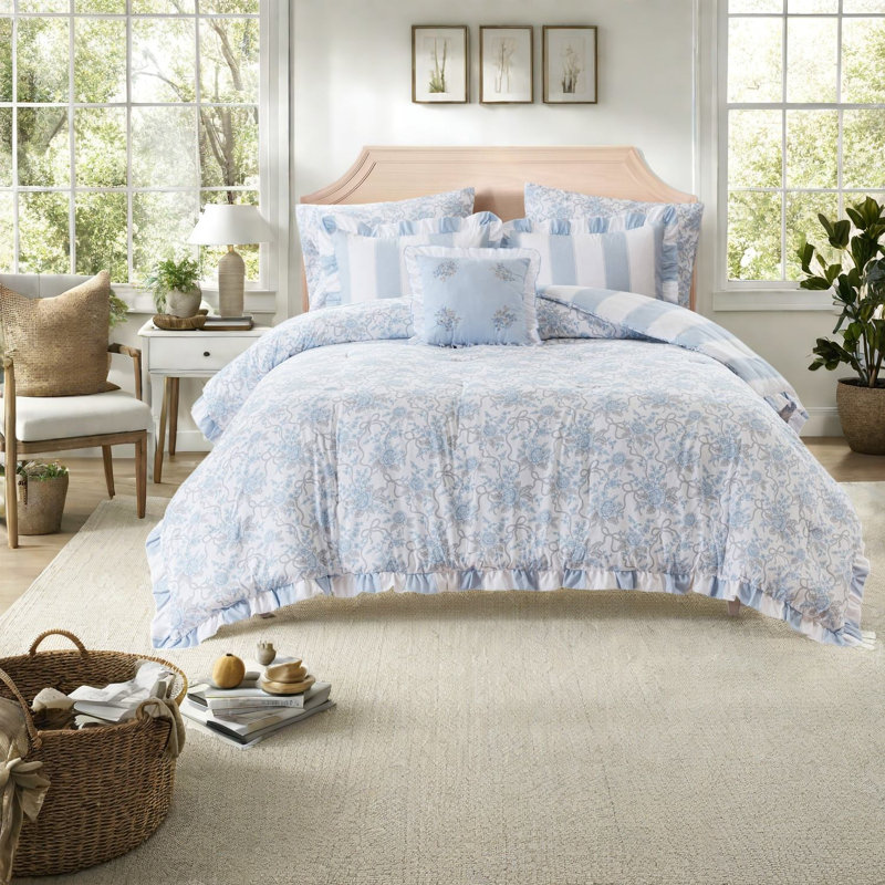 Blue Twin Twin XL Bedding Sets, Microfiber Ruffle Comforter, Toile Bedroom