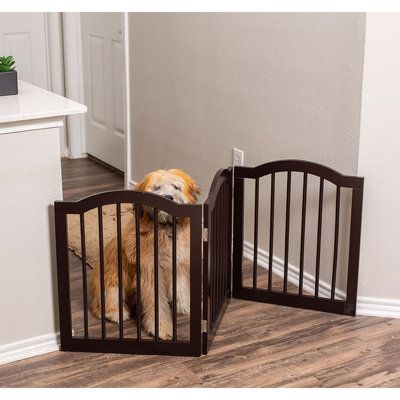 Wooden Freestanding Dog Gate - 3-Panel Foldable Indoor Pet Fence - 24” Tall Arched Pet Gate for Stairs, Hallways, Doorways, and Porch - Barrier for Small Dogs and Puppies (Espresso)