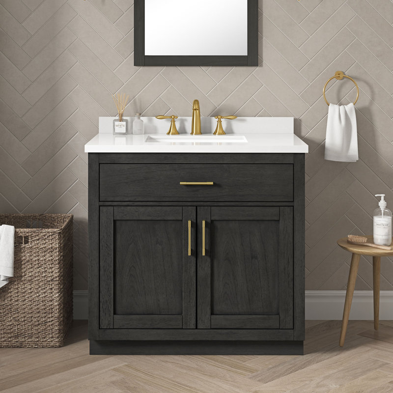 Meuble-lavabo sur pied en bois d'ébène foncé avec comptoir en pierre blanche et dosseret Bailey, Doré, Bois noir mat