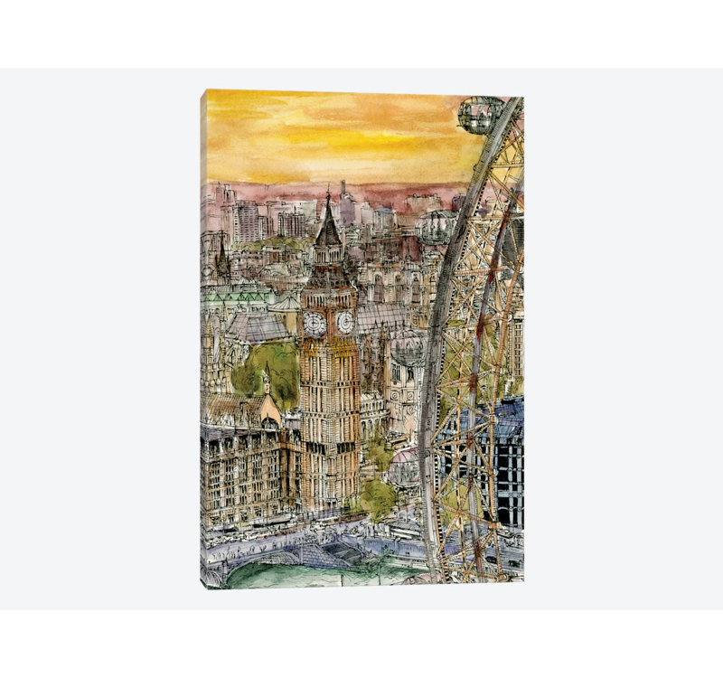 « city scene iv », reproduction de peinture à l’aquarelle sur toile, H 40 po x l 26 po x P 1,5 po, Pas de tapis, Toile tendue
