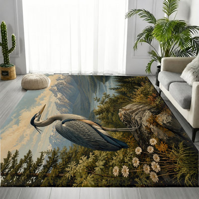 Tapis de paysage de montagne rétro Heron, motif réaliste de nature réaliste, tapis antidérapant lavable à la machine, décoration intérieure artistique pour salon, chambre à coucher, bureau, couloir, patio, balcon