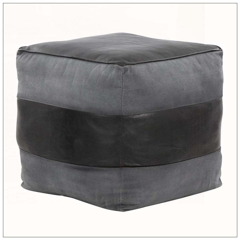 Square Ottoman with Leather and Canvas Stitching