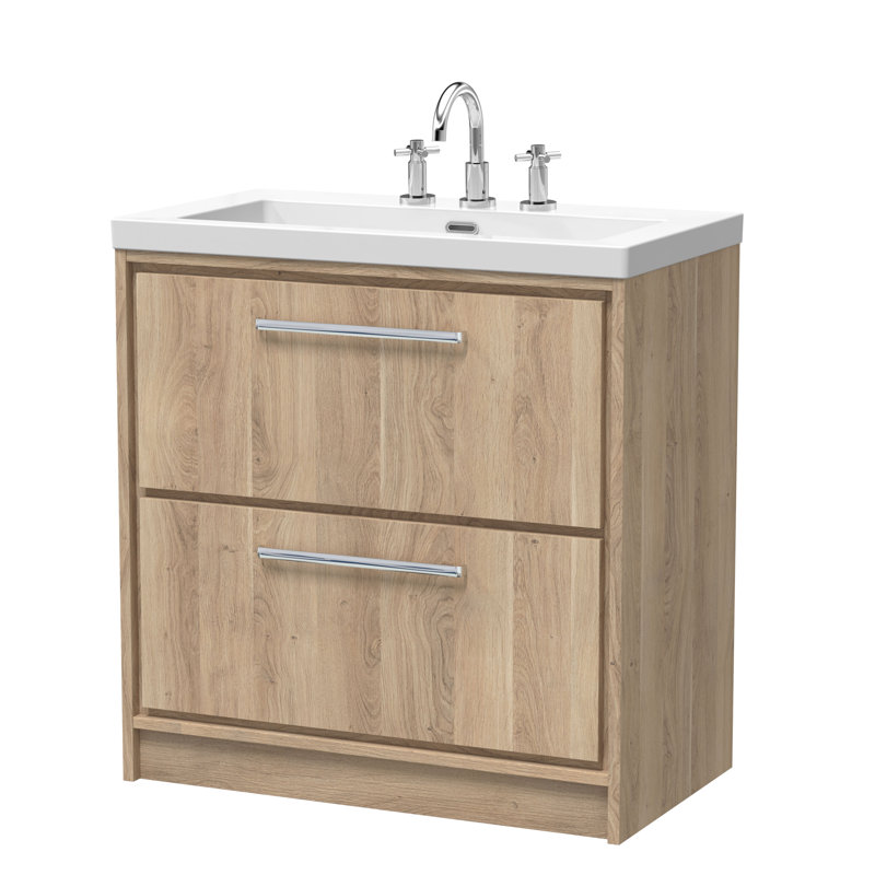Hudson Reed Lille 600mm Graphite Grey Woodgrain 2 Drawer  Floor Standing Vanity Unit With 3 Tap Holes Fireclay Basin