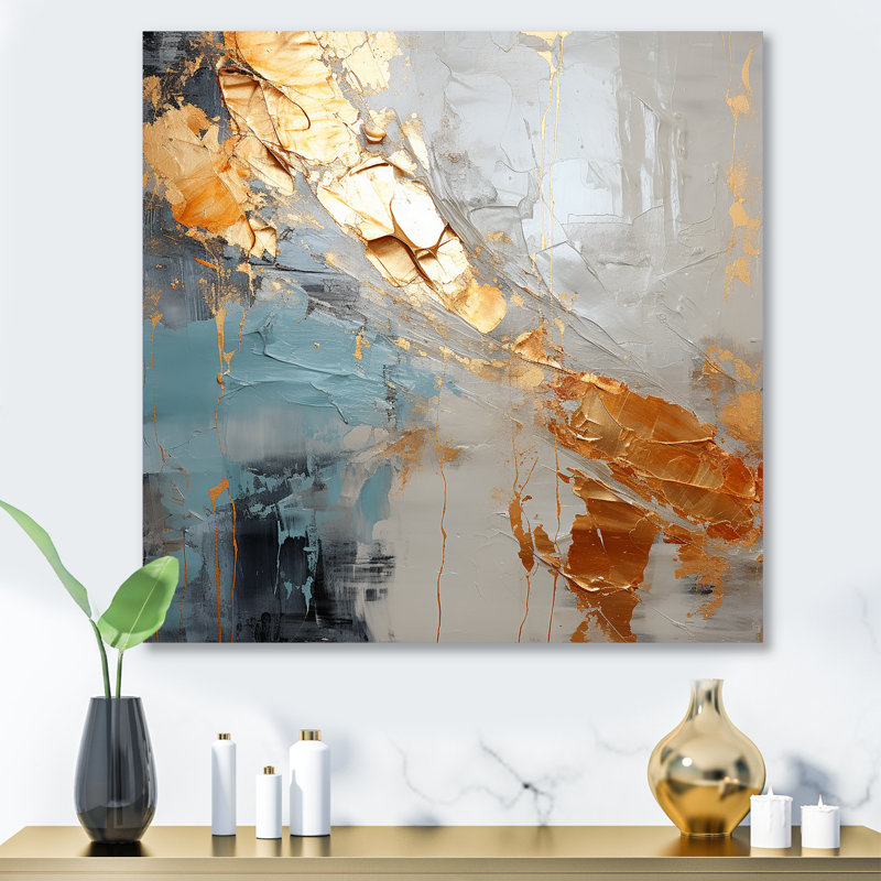 Or et gris, formes liquides modernes III - décoration murale abstraite en métal, H 16 po x l 16 po
