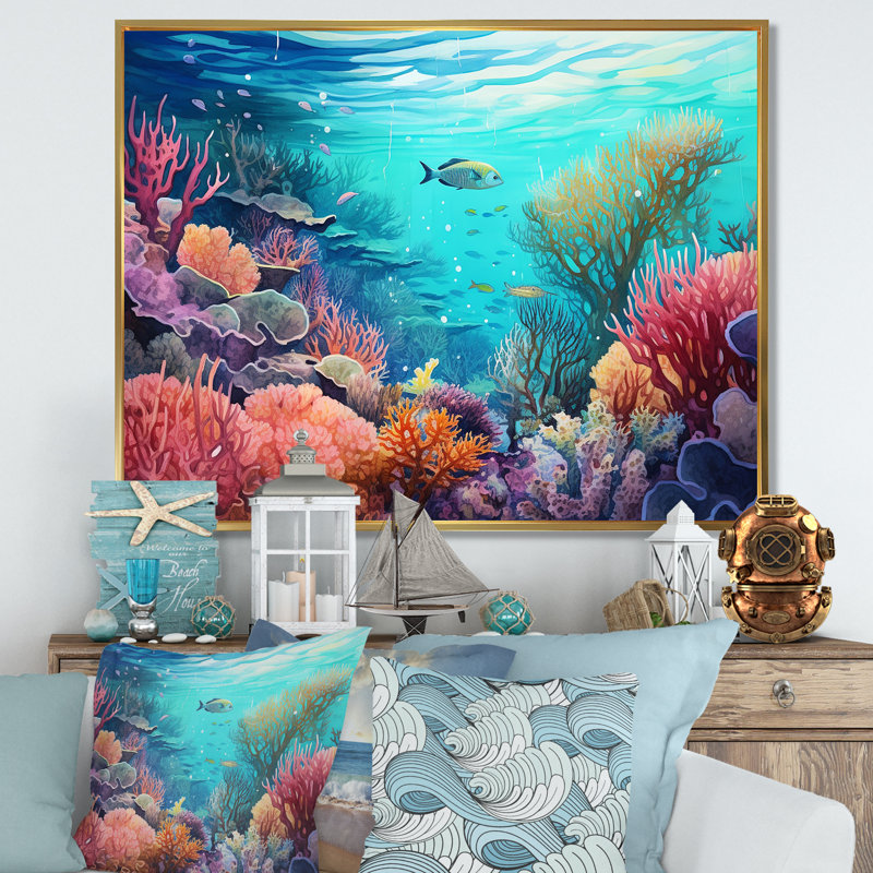 Rose et bleu sous l'eau corail Wold II - plage et océan, impressions sur toile, Cadre flottant doré