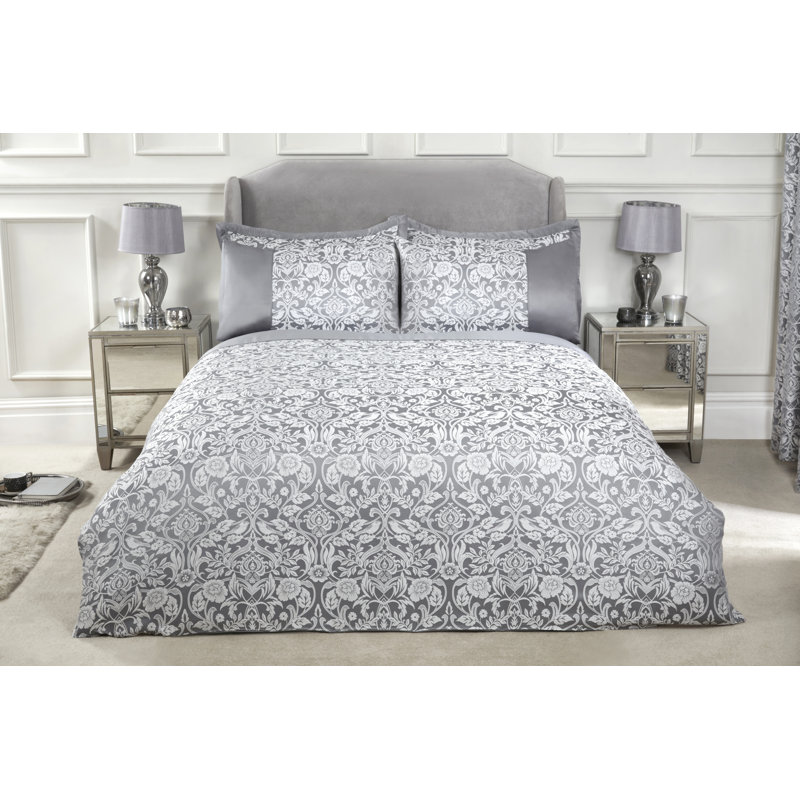 Eden Satin Floral Duvet Cover with Pillowcases, Silver, King