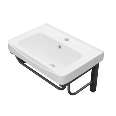 19.88"x14.25" Wall-Mounted Rectangular Ceramic Bathroom Sink with Black Towel Bar & Overflow