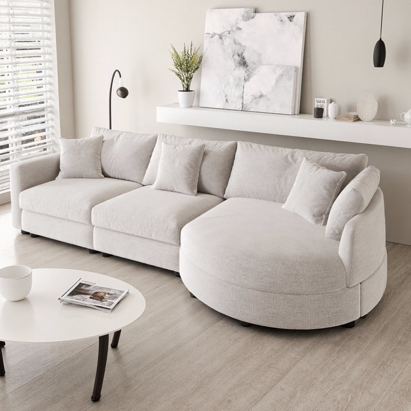 Canapé modulaire en chenille 3 pièces 105 po avec méridienne incurvée et 3 coussins décoratifs, structure en pin, sinueux