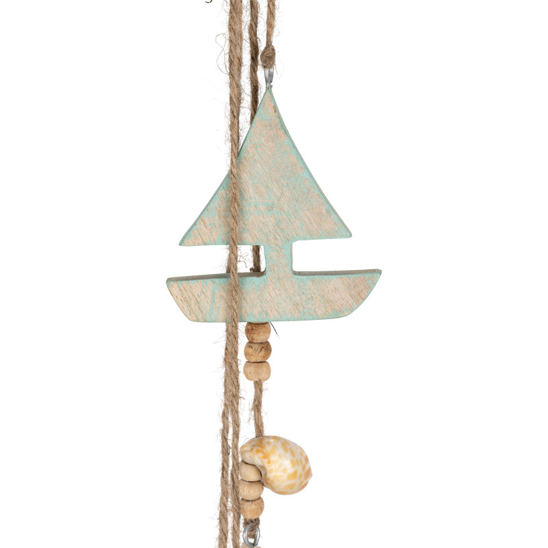 Decorative Hanging Sailboat, Shell, and Bead - Coastal Inspired Decorative Objects for Living Room, Home, or Kitchen Decor - 13", Blue and White