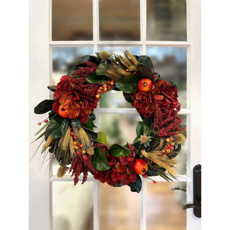 27" Fall Wreath With Hydrangeas, Wheat And Pomegranates
