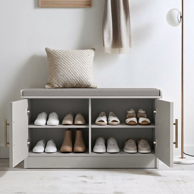 2 Door Storage Bench, Light Grey