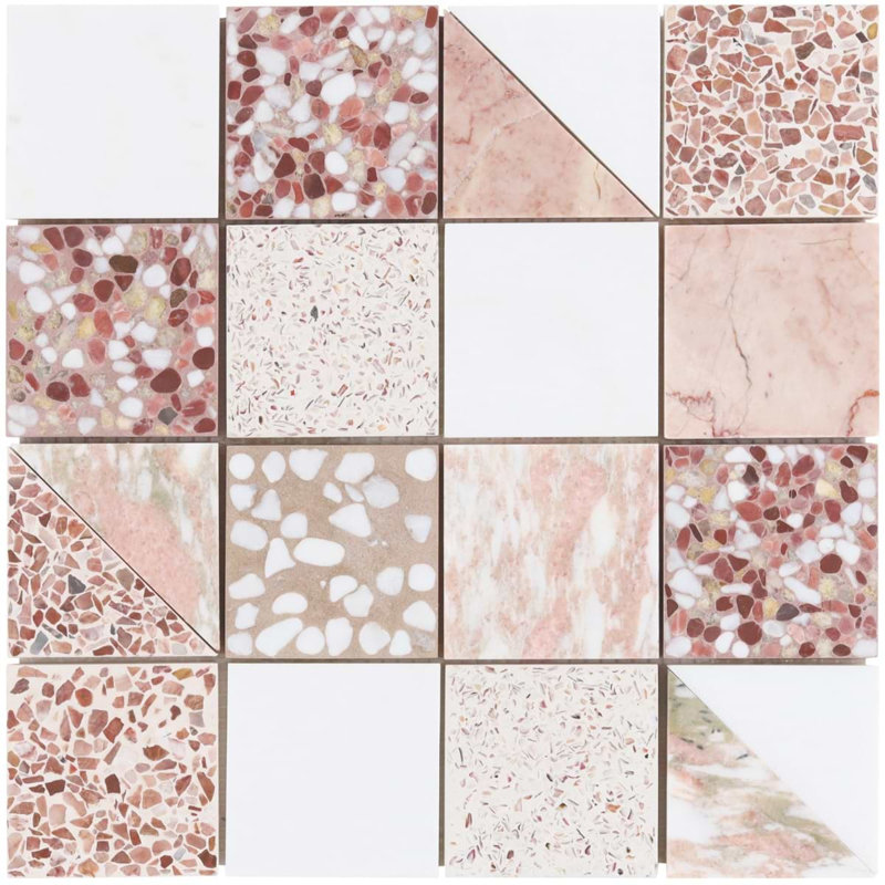 Elizabeth Sutton Artem 3x3 Polished and Honed Marble and Terrazzo Mosaic Tile, Flamingo Terracotta Pink