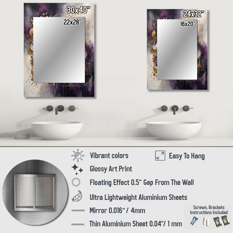 Miroir mural décoratif doré, encre liquide - mauve, 40 po x 30 po