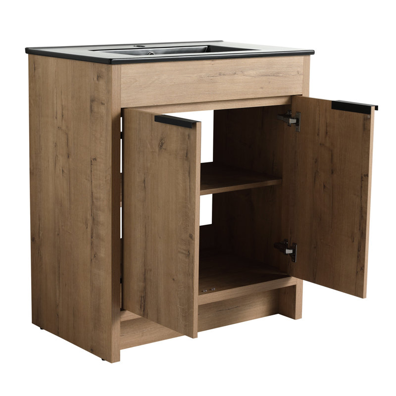 Armoire de salle de bain 30 po avec lavabo et 2 portes - Lavabo en céramique noire, Naturel/noir, 30"