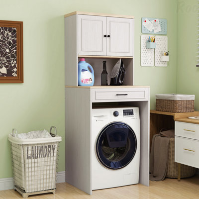 Au-dessus de la laveuse, sécheuse et robot organisateur de rangement sous vide convenant aux machines à laver compactes. Organisateur de rangement pour salle de lavage avec 1 porte, une tablette réglable et un faux tiroir - blanc antique