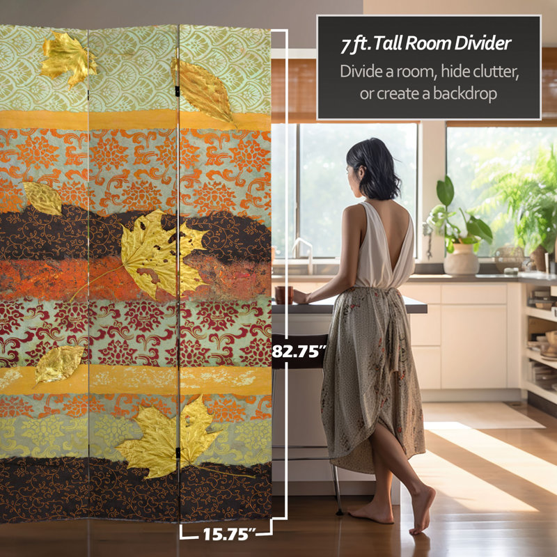 84" x 38.75" Tall Double Sided October Gold Canvas 3 Panel Room Divider, Gold Leaves