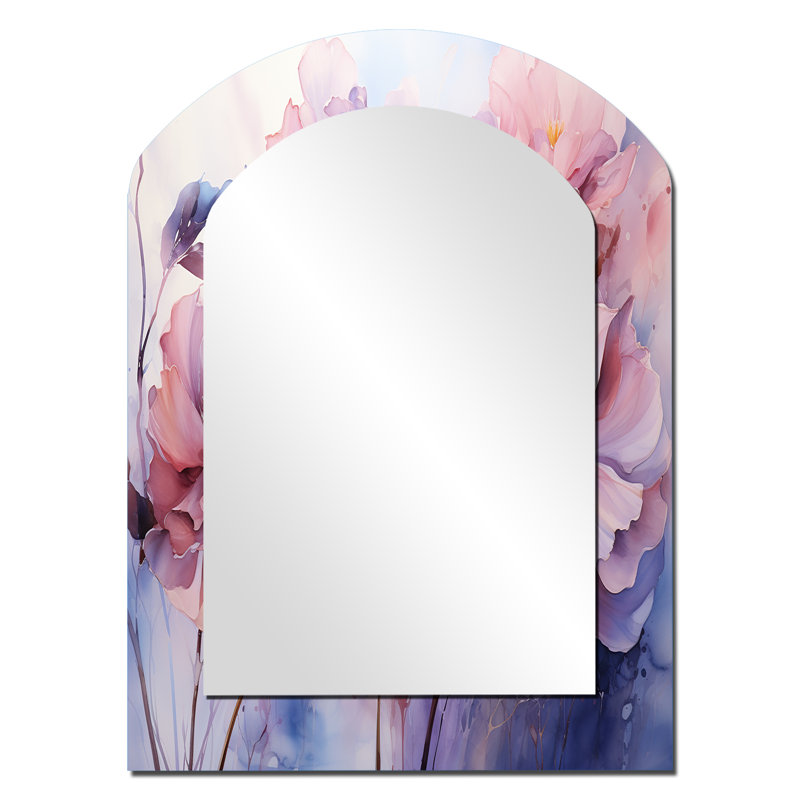 «Purple Tranquil Petals I» - miroir décoratif asymétrique Botanicals, grand miroir mural moderne, impression sur métal