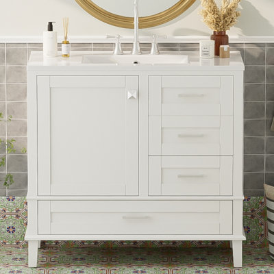 Meuble-lavabo 36 po avec cadre en pin massif, 1 porte à fermeture douce et 3 tiroirs