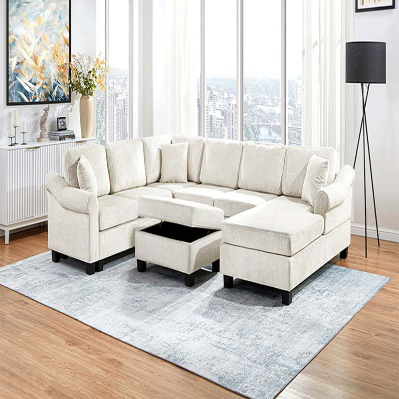 Canapé modulaire Canapé modulaire rembourré en chenille de 111,8 po avec repose-pieds de rangement mobile pour le salon, blanc