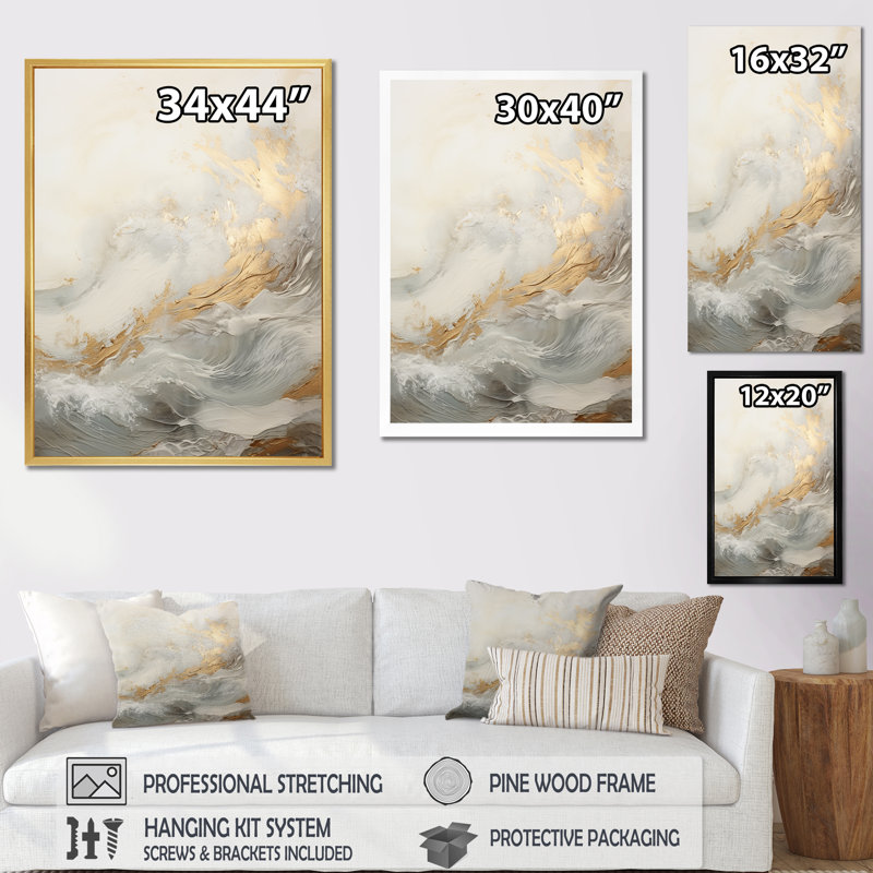 Beige côtier moderne et rivière Gold II, Cadre flottant doré, H 44 po x l 34 po x P 1,5 po
