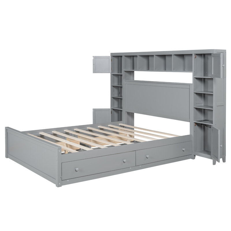 Robuste grand lit avec armoire combinée, tablette et douille - composants gris fascinants