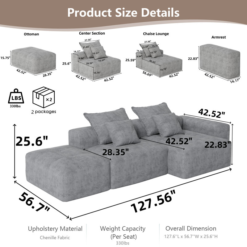 Canapé modulaire surdimensionné désossé surdimensionné, 3 sièges étincelants avec repose-pieds, 4 coussins et chaise longue, aucun assemblage requis?