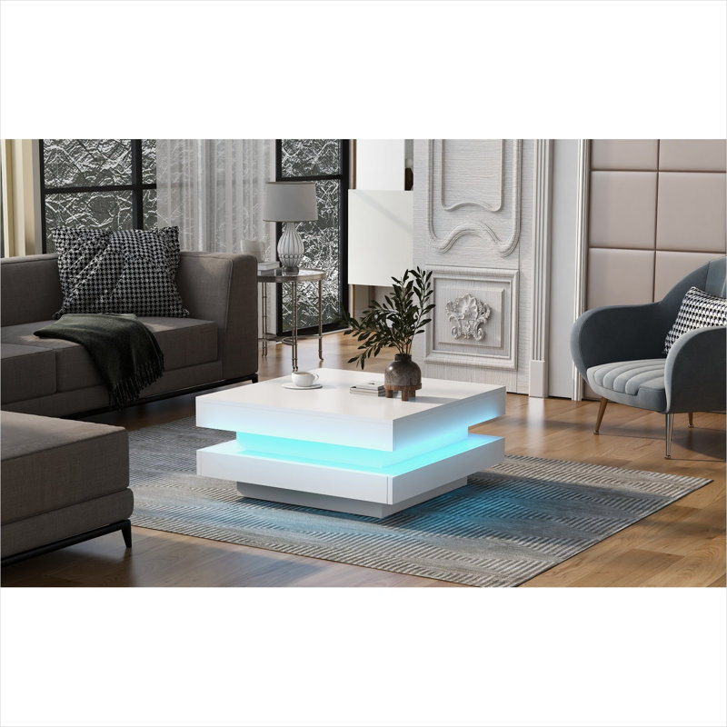 Table basse en panneau de particules blanc avec lumières DEL, table centrale carrée avec tablettes, design moderne ultrabrillant pour le salon, 31,5 x 31,5 x 14,2 pouces