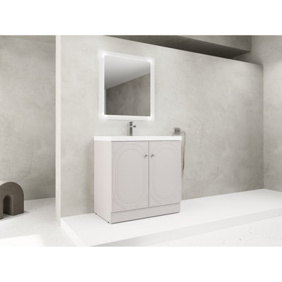 Commode de salle de bain autoportante 36 po avec lavabo en résine blanche. Portes. Aspect moderne, beaucoup d'espace. Lavabo, charnières robustes, poignées décoratives en métal. Contreplaqué, kaki. Conception de meuble-lavabo non entièrement construit et fermeture en douceur