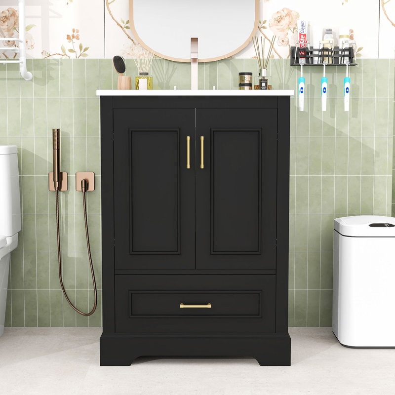 Meuble-lavabo moderne 24 po avec lavabo, portes à fermeture en douceur, Noir