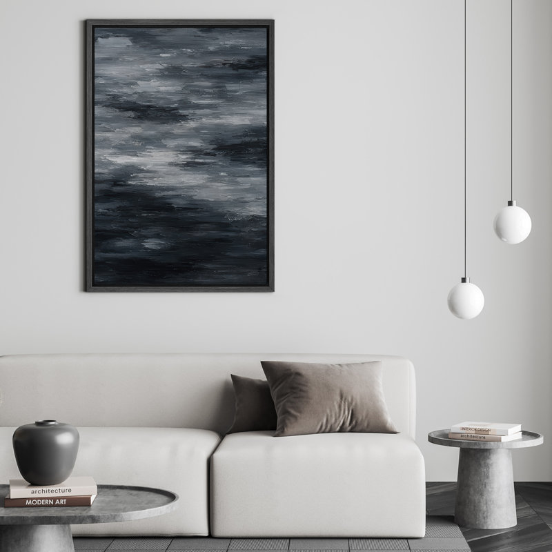 Art mural encadré, impression abstraite de paysage bleu pour décor de salon, H 24 po x l 16 po, Cadre flottant, Noir